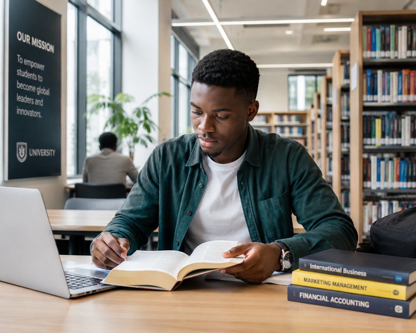 Étudiant travaillant dans une bibliothèque universitaire moderne