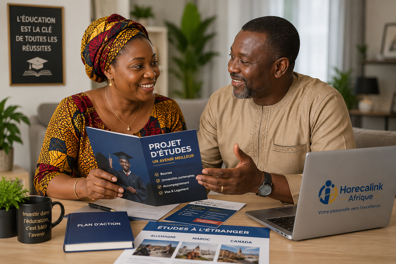 Parents échangeant au sujet d'un projet d'études à l'étranger